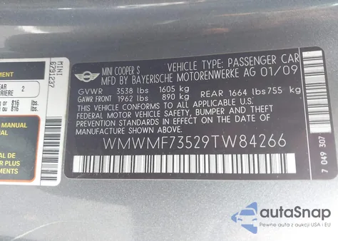 2009 Mini Cooper S from USA, damaged, VIN WMWMF73529TW84266